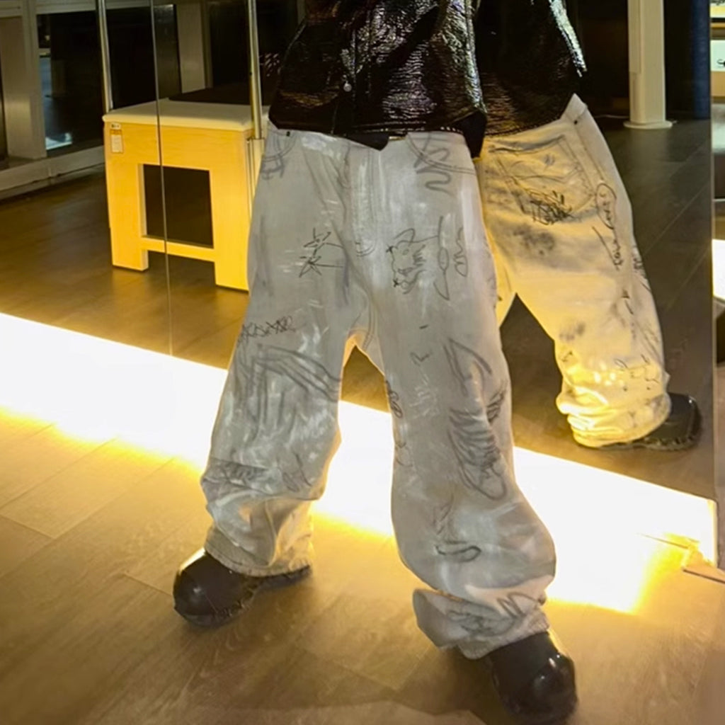 Men's And Women's Hand-painted Graffiti Old Pants Men's And Women's White Straight High Street Washable Jeans