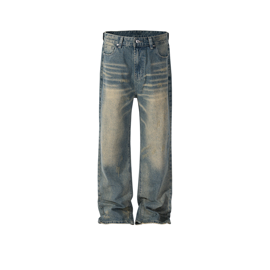 Men's And Women's Insect Bite Cat's Claw Destruction Trousers Men's And Women's Straight Tube Washing Water Old Blue High Street Jeans