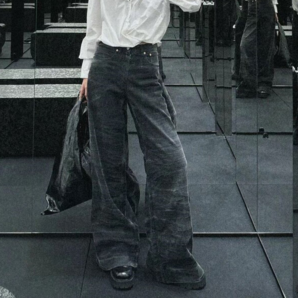 Men's And Women's Washed Old Pants Unisex High Street Textured Couple's Water Corrugated Micro-La Jeans
