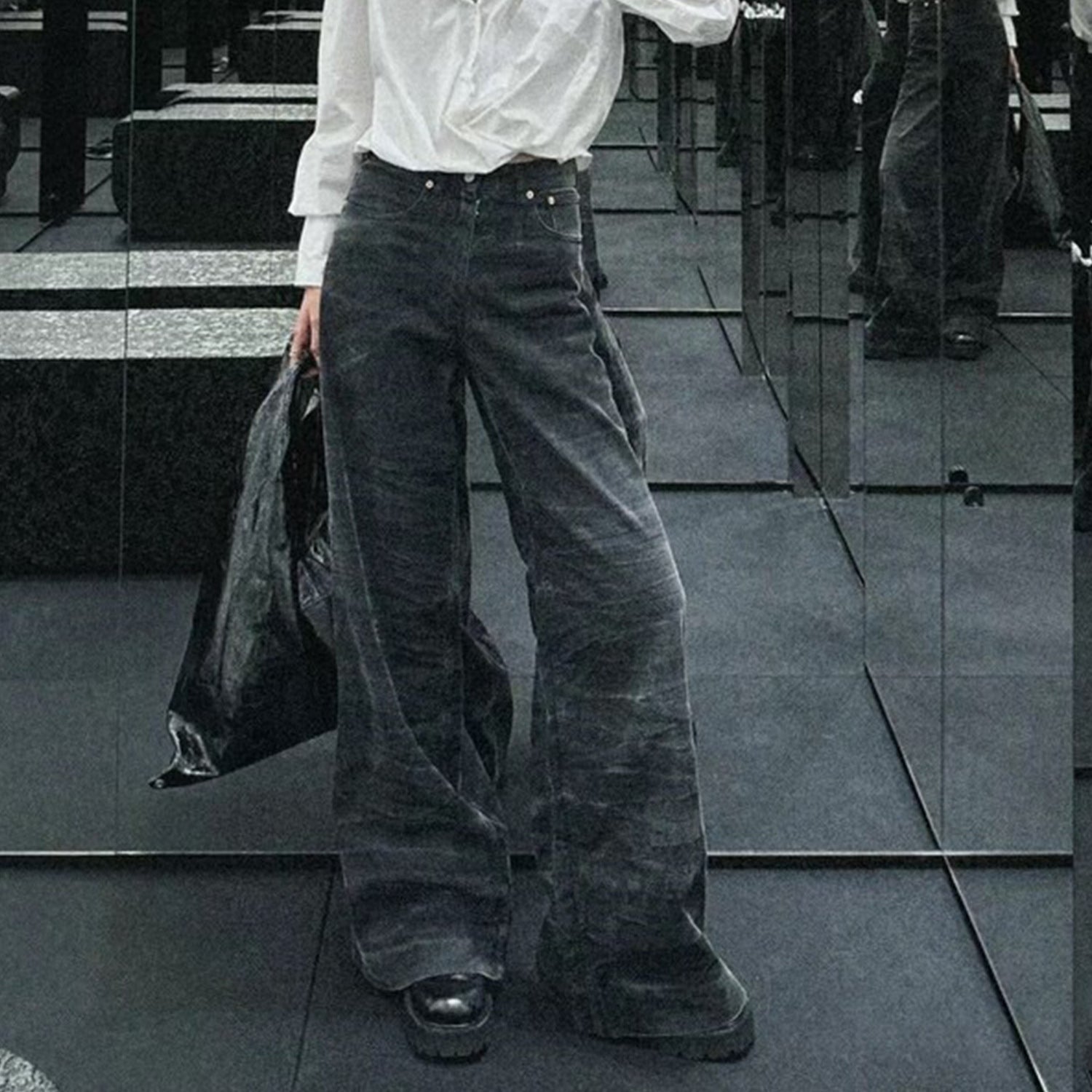 Men's And Women's Washed Old Pants Unisex High Street Textured Couple's Water Corrugated Micro-La Jeans