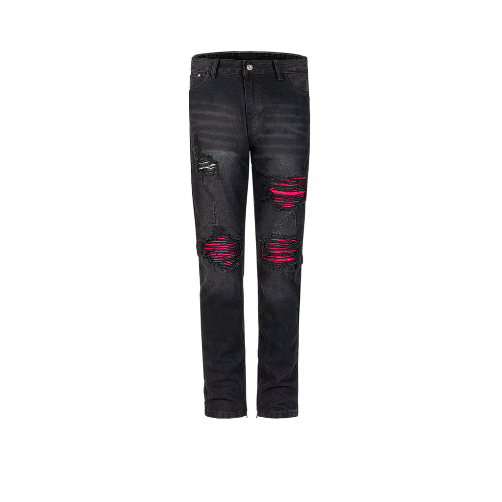 Men's Wear Women's Urban High Street Contrast Ripped Pants Men's And Women's Washed Old Zipper Leg Jeans