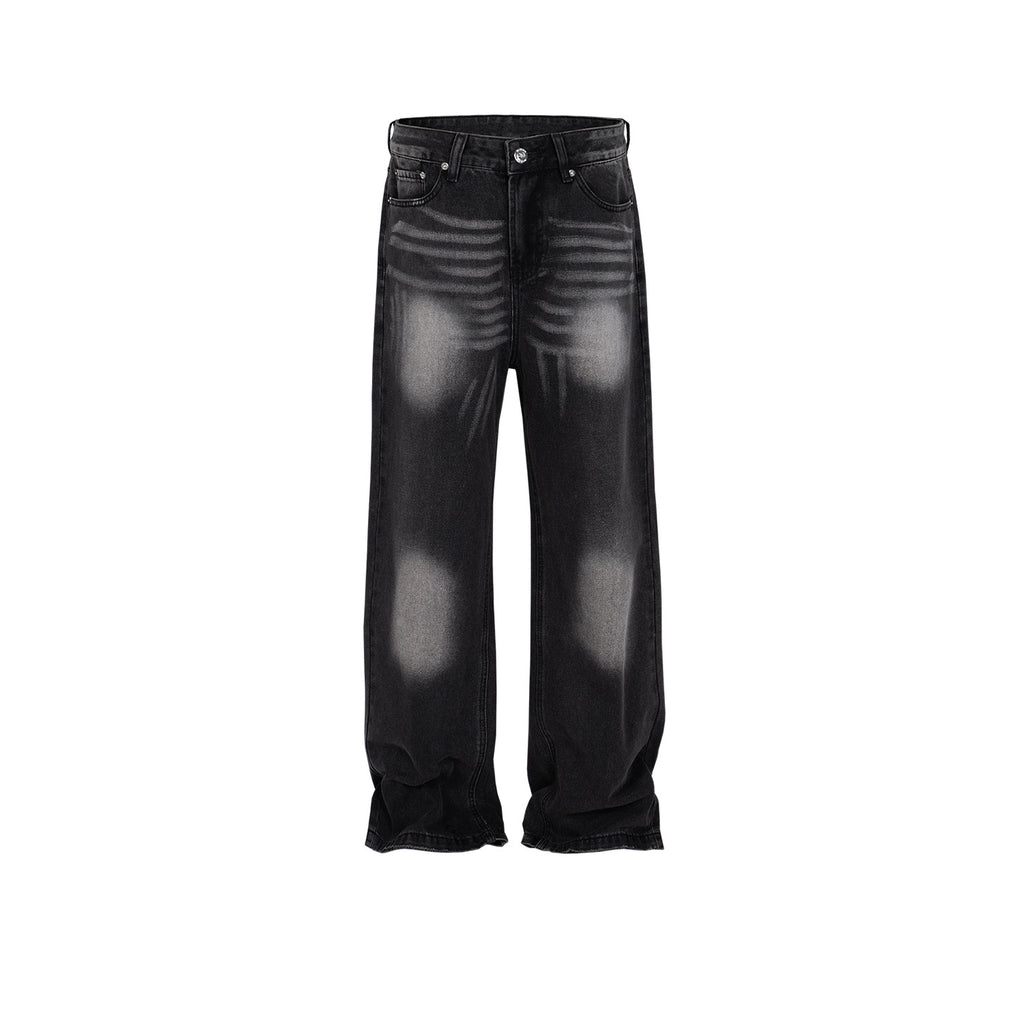 Men's Women's Wash-up Laser Textured Pants Unisex Straight Slim High Street Trendy Jeans