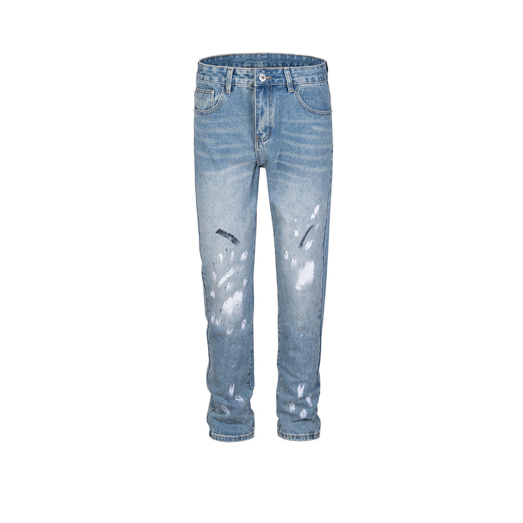 Men's Women's Autumn And Winter Urban High Street Paint-splashed Trousers Slim-fit Washed White Distressed Jeans Trendy