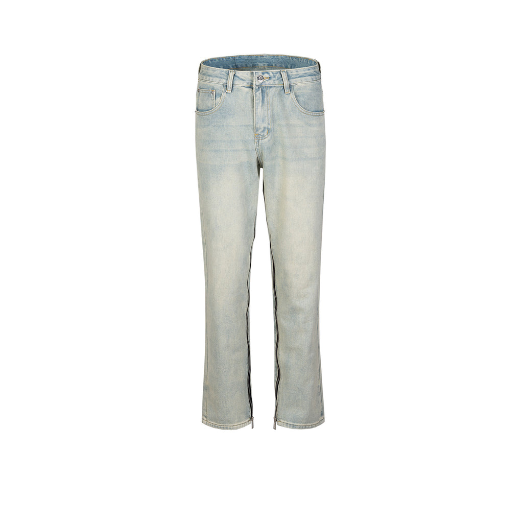 Men's Women's Autumn And Winter Urban Inner Full Zip Washed Trousers Unisex Light Blue Fashionable Jeans