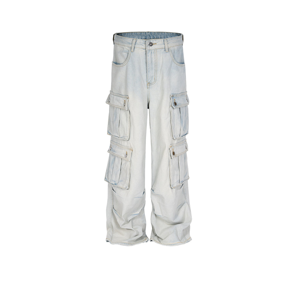 Men's And Women's Straight Pants Unisex Multi-Pocket Cut High Street Wash Old Light Blue Jeans
