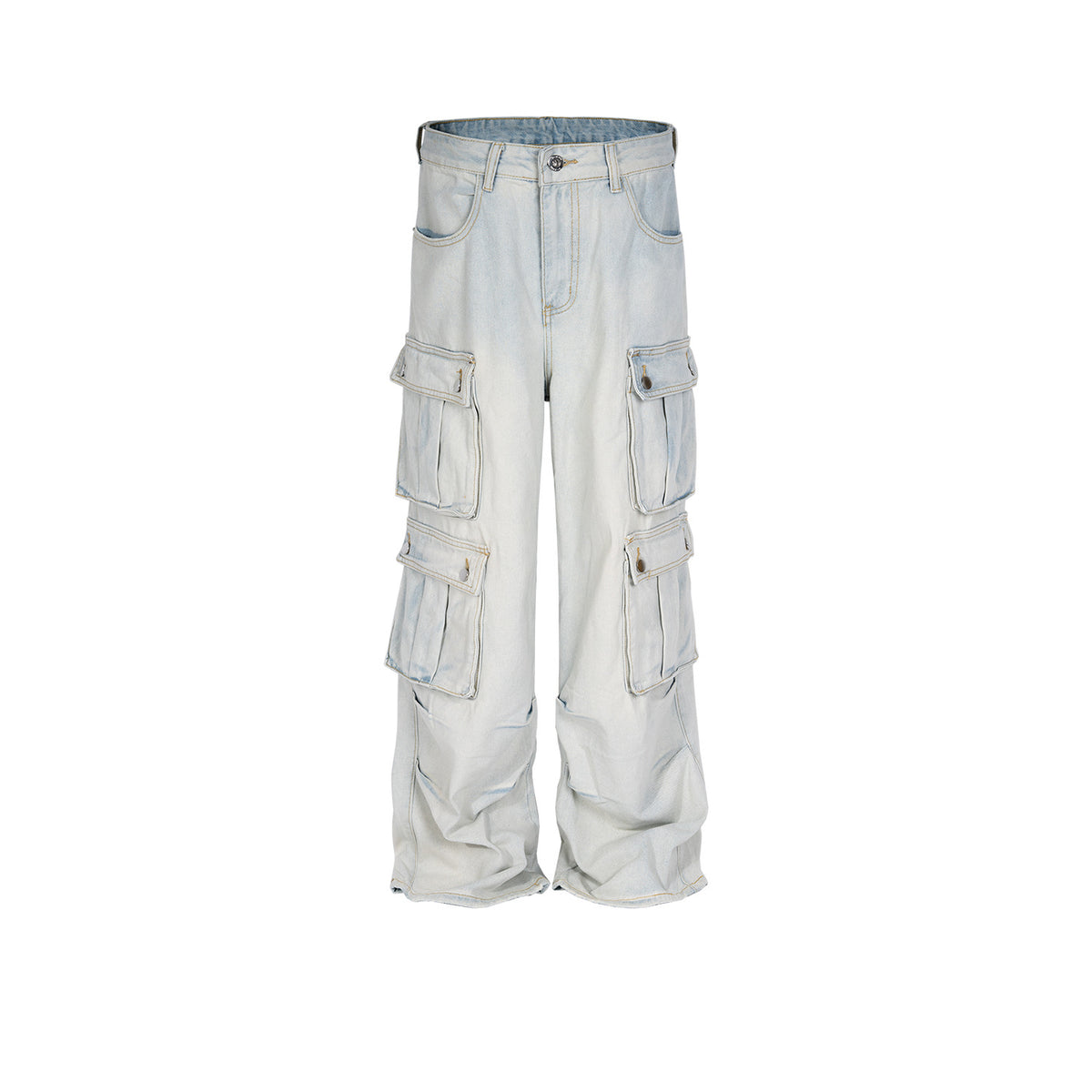 Men's And Women's Straight Pants Unisex Multi-Pocket Cut High Street Wash Old Light Blue Jeans