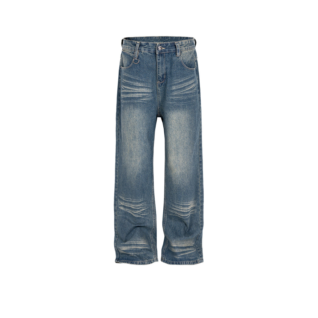 Men's And Women's Textured Design Pants Men's And Women's Small D-Button Decorative Straight Tube Old Wash Fashionable Jeans