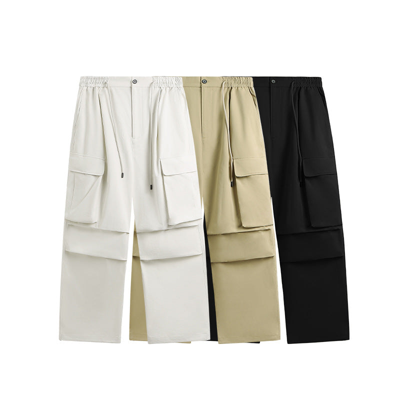 Spring And Summer New Arrival Large Pocket Parachute Wide Leg Pants Herringbone Pattern Casual Trousers Men's Overalls Pants