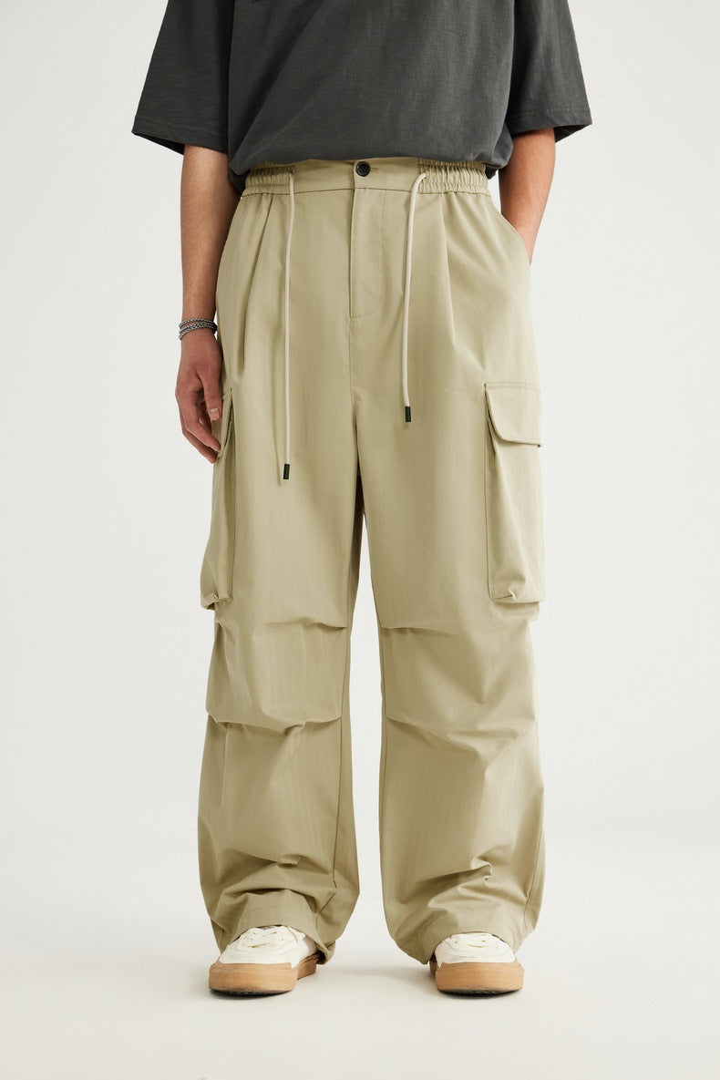 Spring And Summer New Arrival Large Pocket Parachute Wide Leg Pants Herringbone Pattern Casual Trousers Men's Overalls Pants