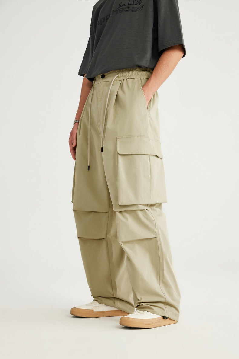 Spring And Summer New Arrival Large Pocket Parachute Wide Leg Pants Herringbone Pattern Casual Trousers Men's Overalls Pants