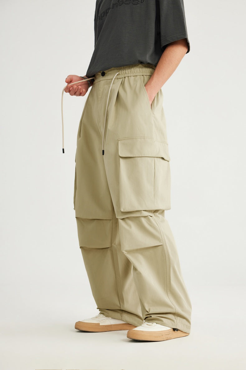 Spring And Summer New Arrival Large Pocket Parachute Wide Leg Pants Herringbone Pattern Casual Trousers Men's Overalls Pants