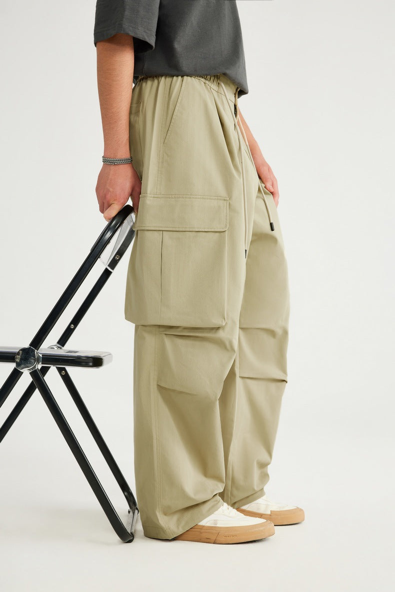 Spring And Summer New Arrival Large Pocket Parachute Wide Leg Pants Herringbone Pattern Casual Trousers Men's Overalls Pants