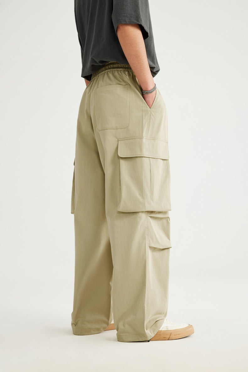 Spring And Summer New Arrival Large Pocket Parachute Wide Leg Pants Herringbone Pattern Casual Trousers Men's Overalls Pants