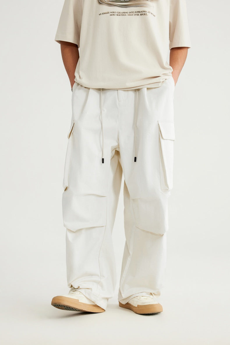 Spring And Summer New Arrival Large Pocket Parachute Wide Leg Pants Herringbone Pattern Casual Trousers Men's Overalls Pants