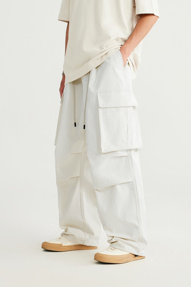 Spring And Summer New Arrival Large Pocket Parachute Wide Leg Pants Herringbone Pattern Casual Trousers Men's Overalls Pants