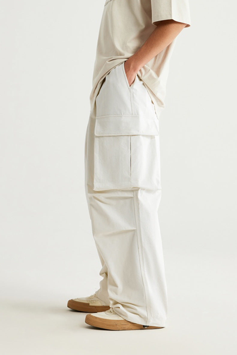 Spring And Summer New Arrival Large Pocket Parachute Wide Leg Pants Herringbone Pattern Casual Trousers Men's Overalls Pants