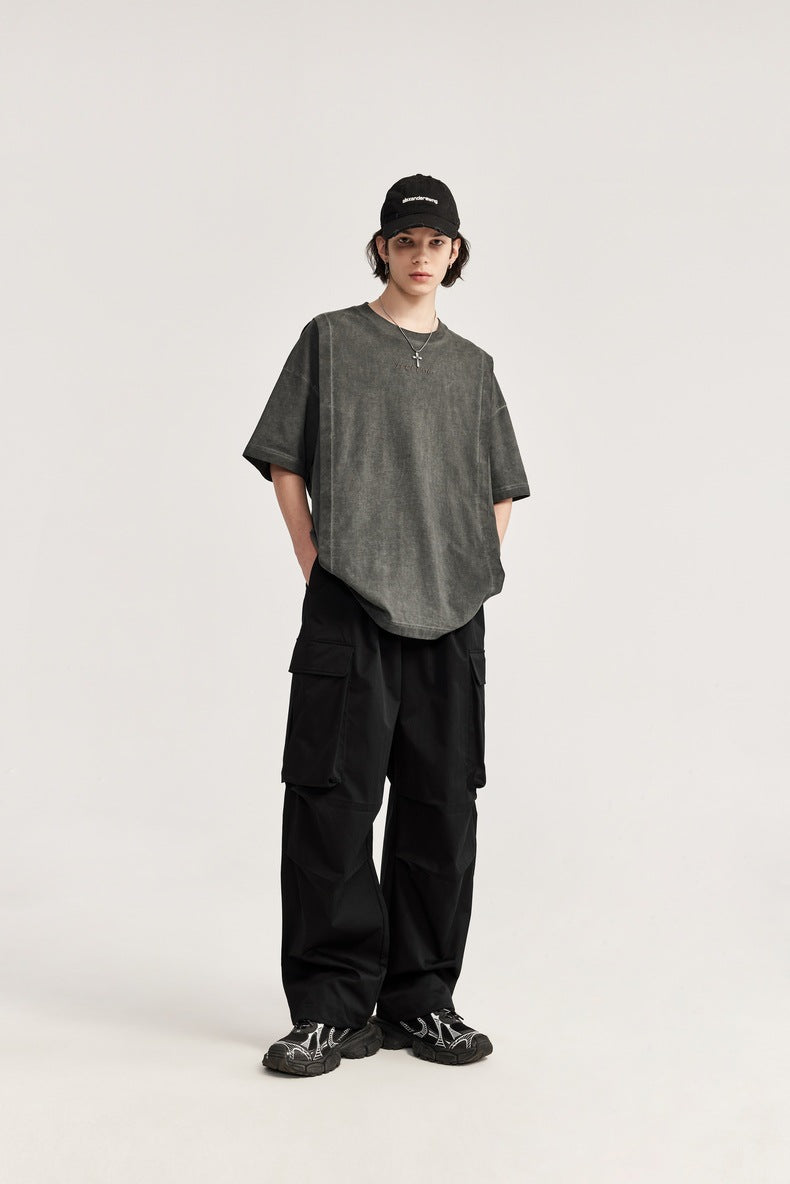Spring And Summer New Arrival Large Pocket Parachute Wide Leg Pants Herringbone Pattern Casual Trousers Men's Overalls Pants