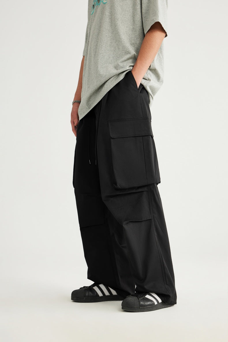 Spring And Summer New Arrival Large Pocket Parachute Wide Leg Pants Herringbone Pattern Casual Trousers Men's Overalls Pants