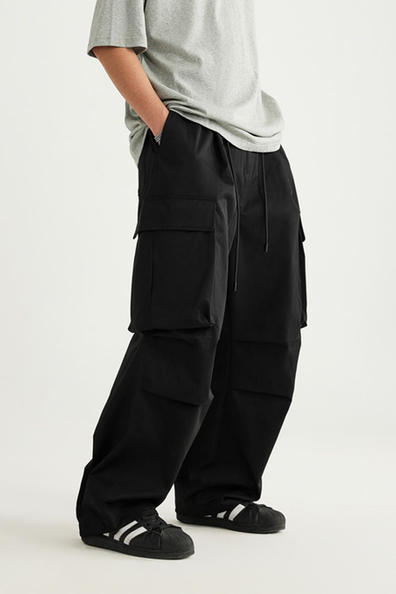 Spring And Summer New Arrival Large Pocket Parachute Wide Leg Pants Herringbone Pattern Casual Trousers Men's Overalls Pants