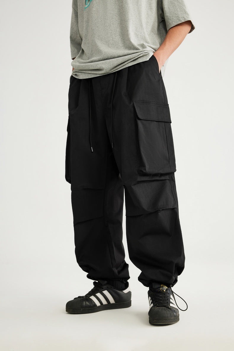 Spring And Summer New Arrival Large Pocket Parachute Wide Leg Pants Herringbone Pattern Casual Trousers Men's Overalls Pants