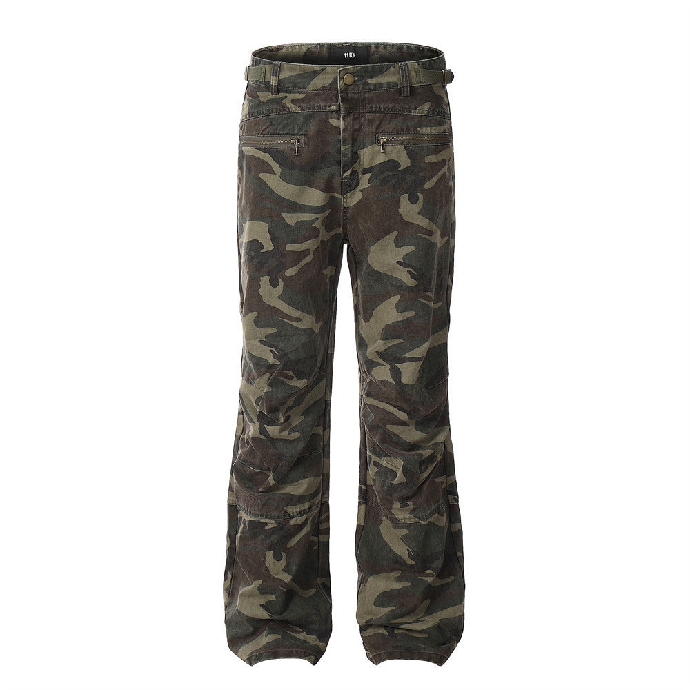 European And American Camouflage Workwear Trousers Men's Pleated Sports Casual Pants Loose Wide-foot Micro-flared Trendy Hippie Pants