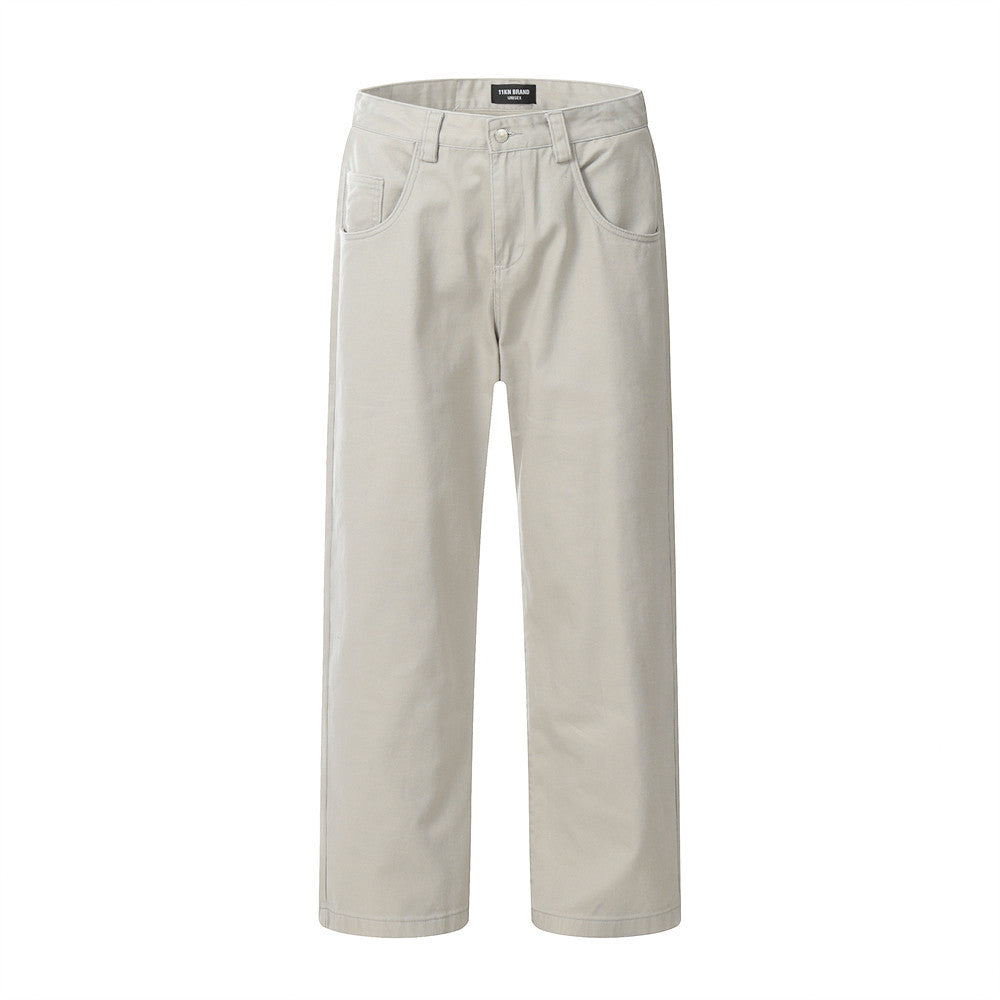 Trendy Brand Jeans Men's American Style Casual Simple Solid Color Straight Pants Loose All-match Wide Leg Pants