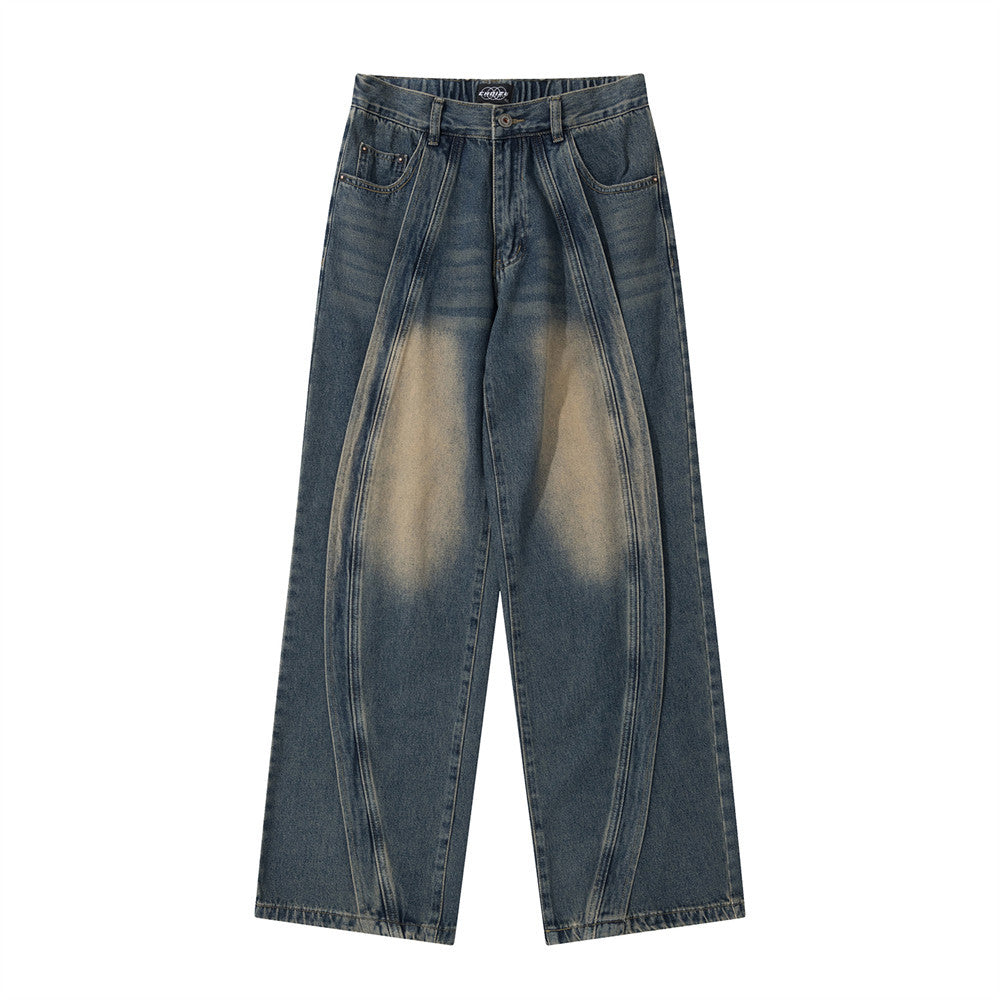 Wash White Loose Jeans Men's Street Trendy Design Split Stitching Line Casual Straight Wide Leg Pants