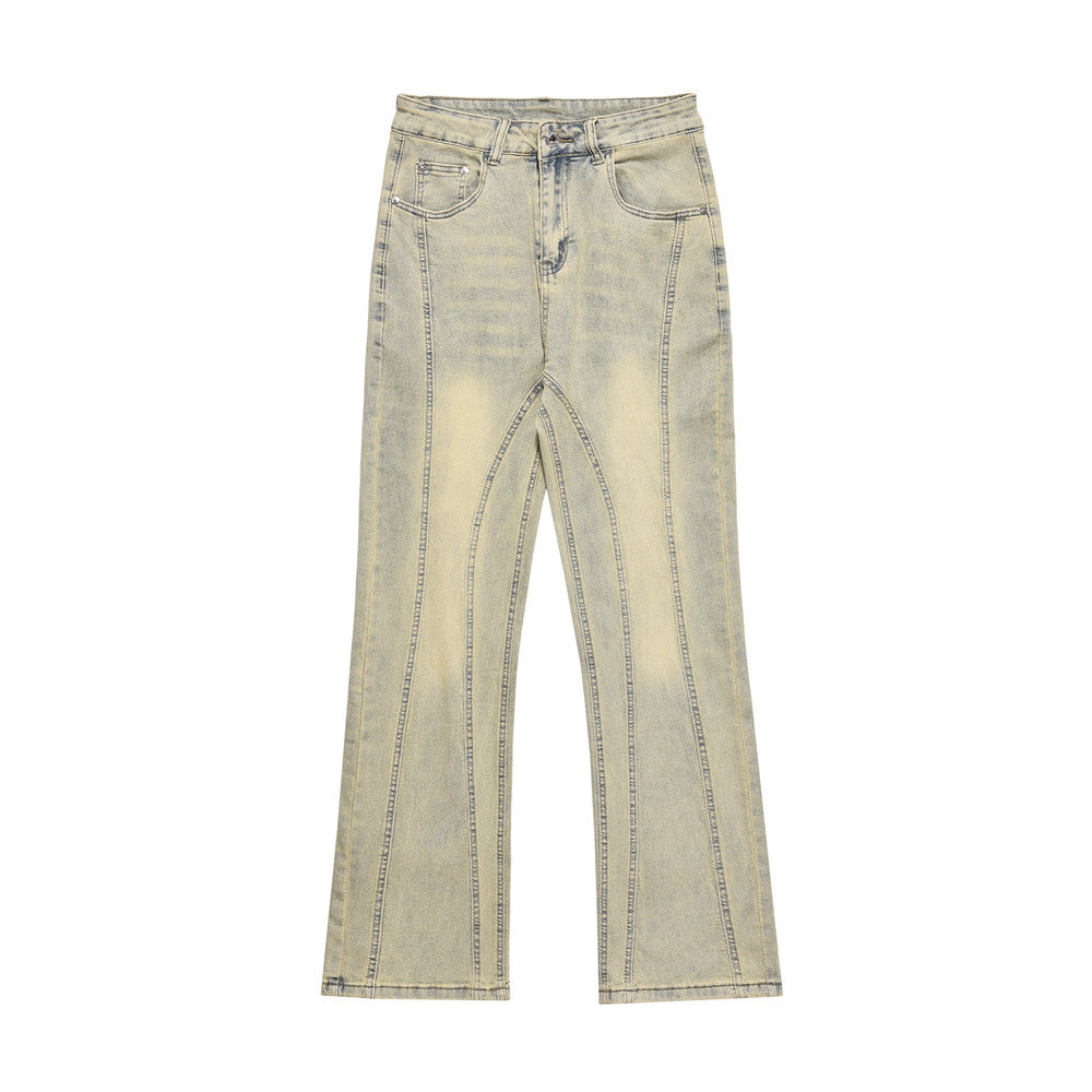 American Style Street Washed Mud Yellow Straight Pants Men's Trendy Brand Niche Design Sense Stitching Deconstructed Denim Pants