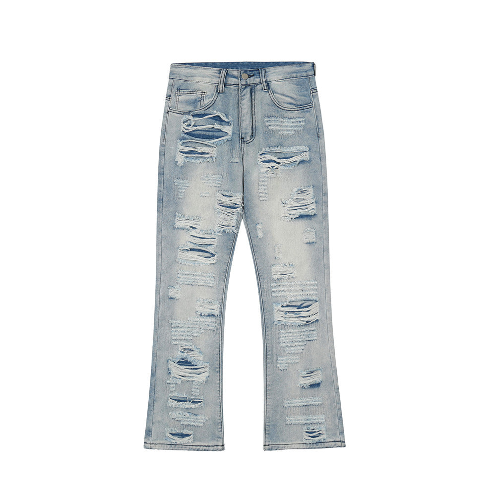 Heavy Industry Ripped Micro Horn Washed Jeans Men's European And American Fashion Brand Loose Wide Leg Pants High Street Casual Pants