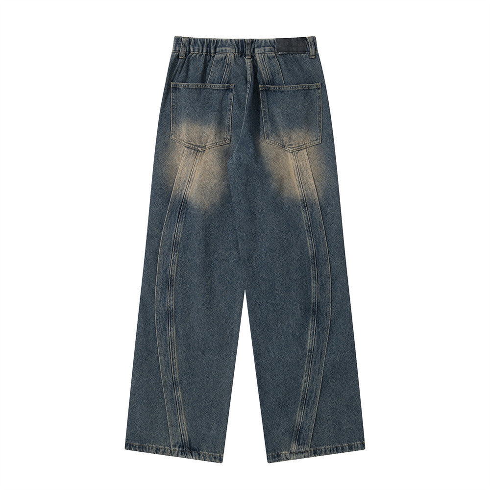 Wash White Loose Jeans Men's Street Trendy Design Split Stitching Line Casual Straight Wide Leg Pants