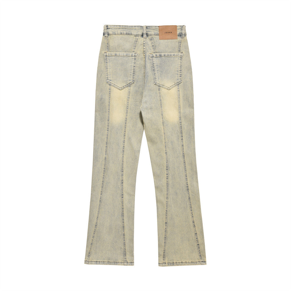 American Style Street Washed Mud Yellow Straight Pants Men's Trendy Brand Niche Design Sense Stitching Deconstructed Denim Pants
