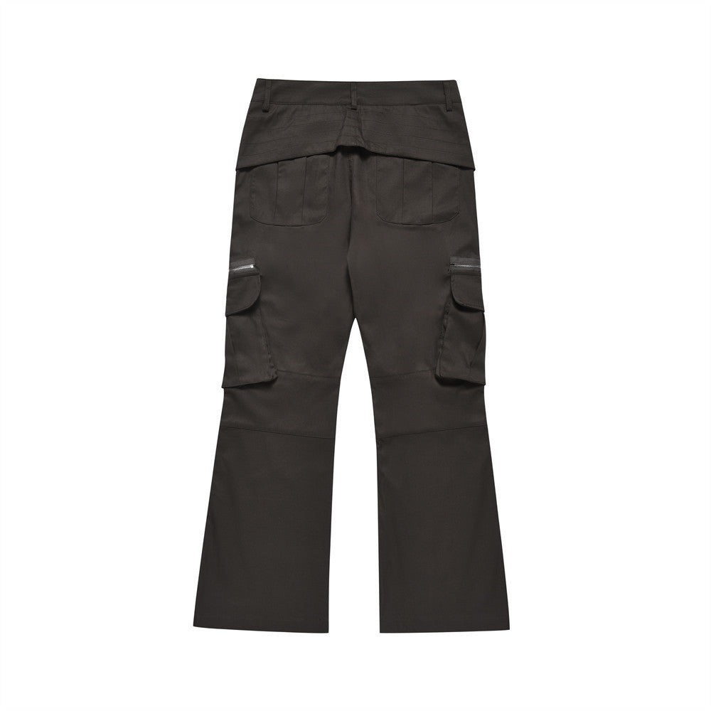 Multi-Pocket Micro-Lar Casual Trousers Men's Trendy Hippie Design Pocket Zipper Workwear Wide-Leg Flared Pants