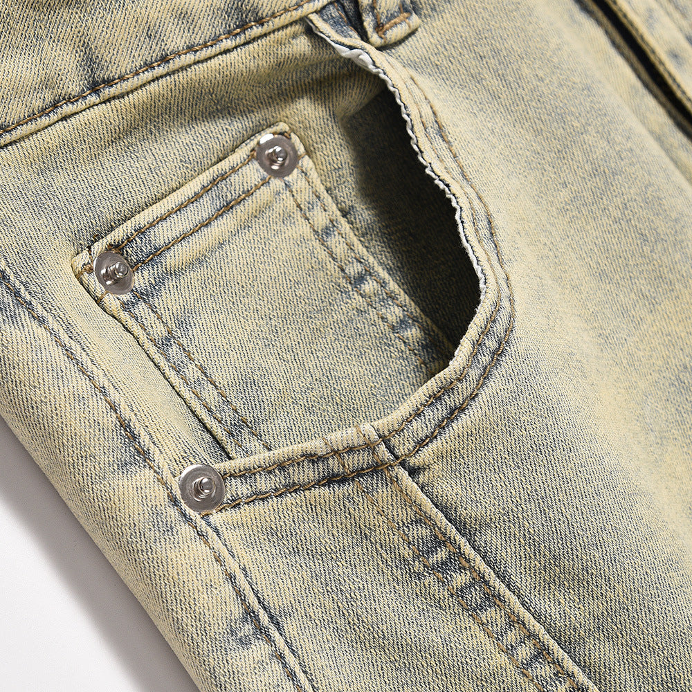 American Style Street Washed Mud Yellow Straight Pants Men's Trendy Brand Niche Design Sense Stitching Deconstructed Denim Pants