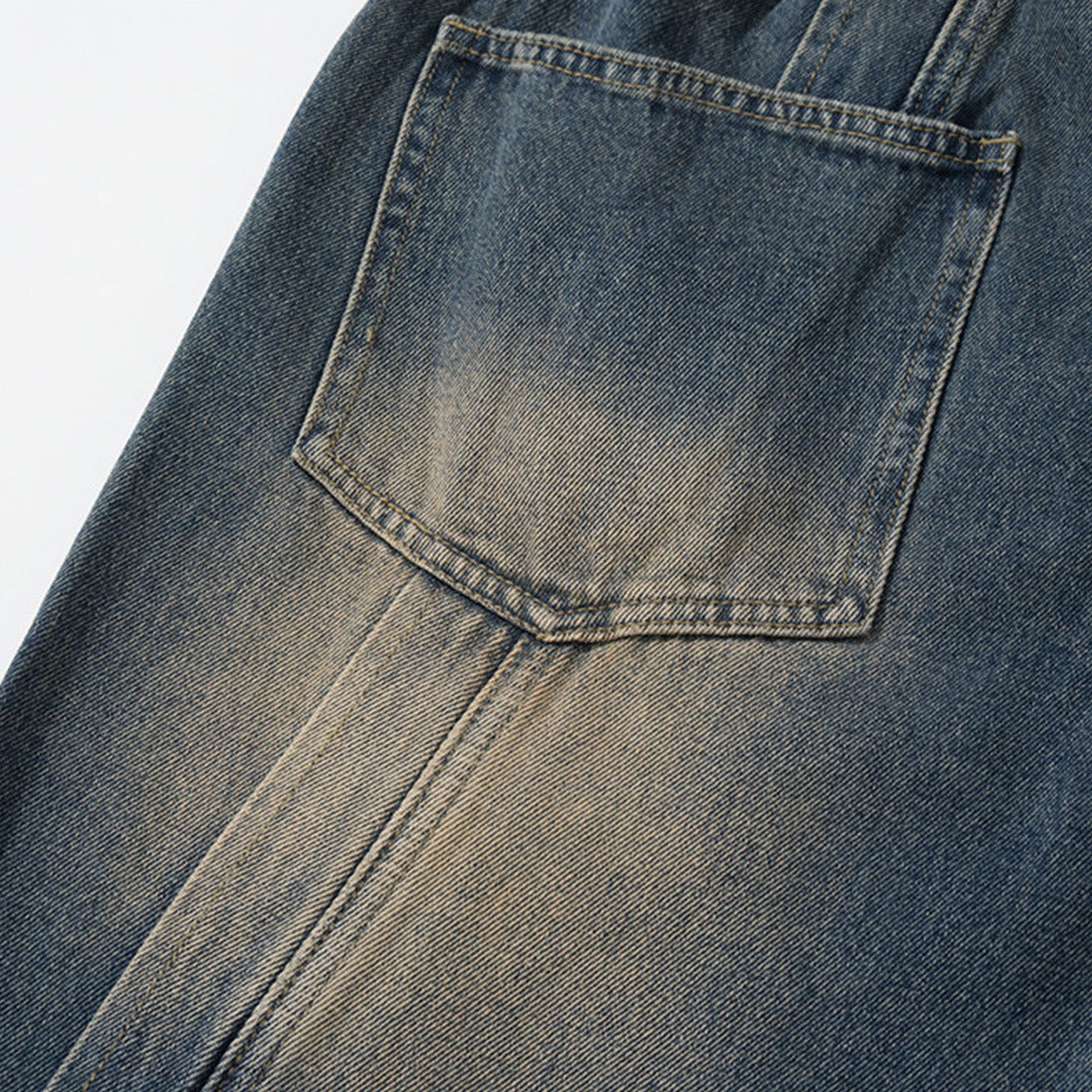 Wash White Loose Jeans Men's Street Trendy Design Split Stitching Line Casual Straight Wide Leg Pants