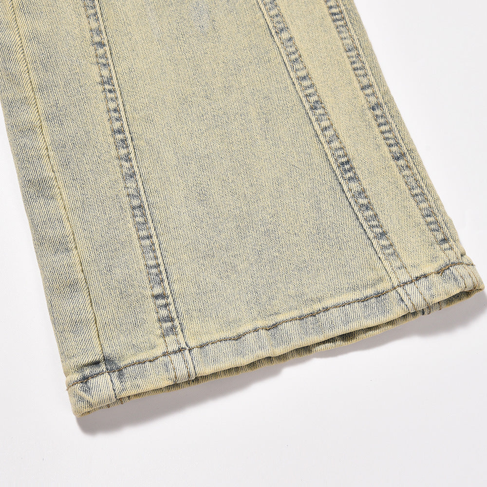 American Style Street Washed Mud Yellow Straight Pants Men's Trendy Brand Niche Design Sense Stitching Deconstructed Denim Pants
