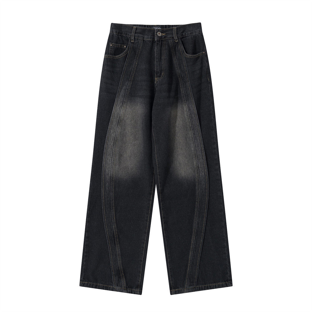 Wash White Loose Jeans Men's Street Trendy Design Split Stitching Line Casual Straight Wide Leg Pants