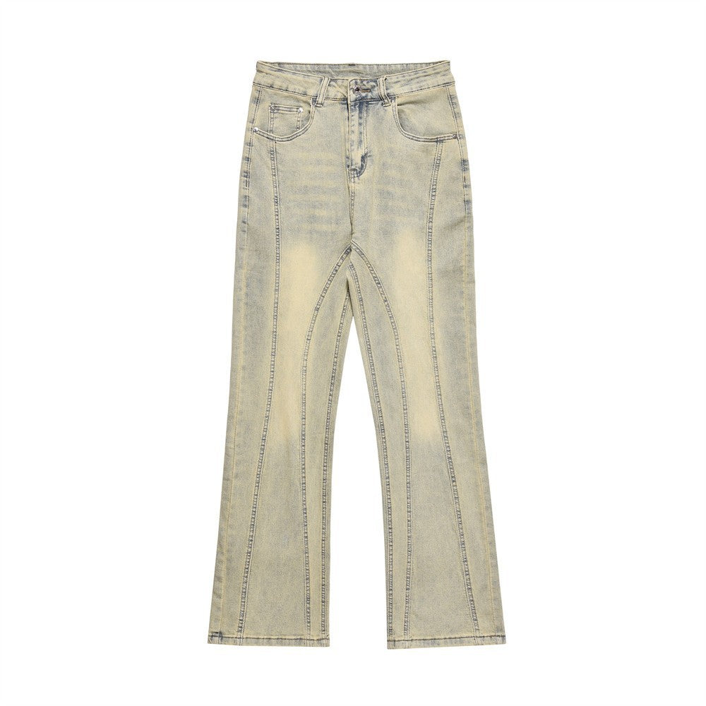 American Style Street Washed Mud Yellow Straight Pants Men's Trendy Brand Niche Design Sense Stitching Deconstructed Denim Pants