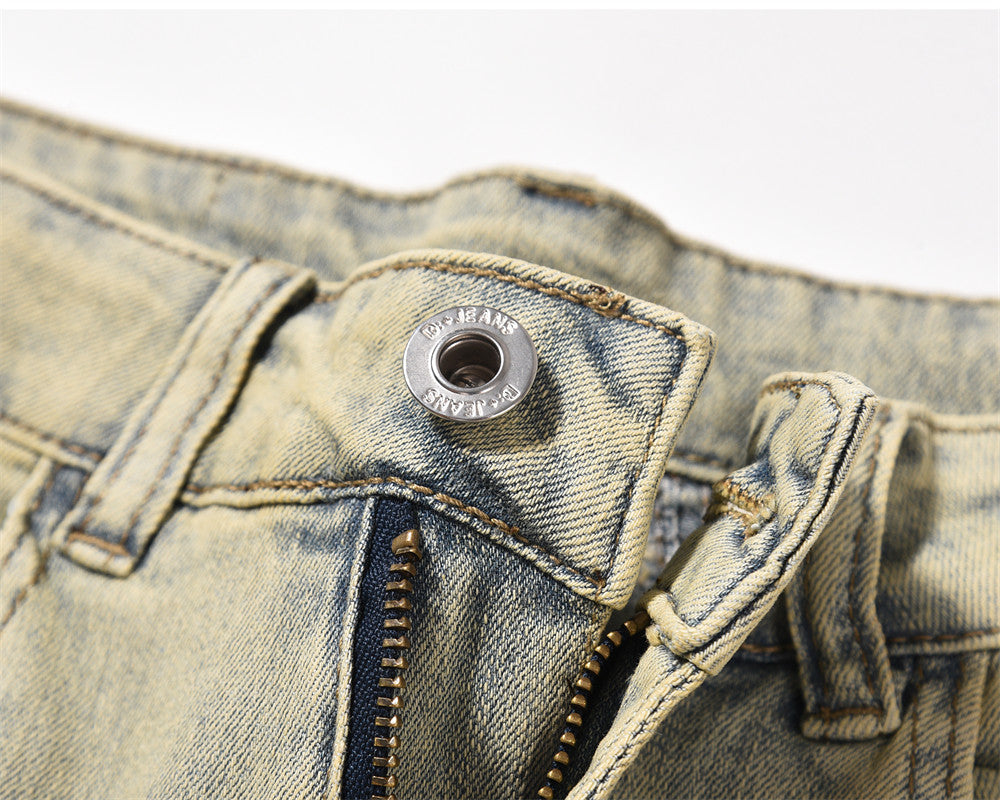 American Style Street Washed Mud Yellow Straight Pants Men's Trendy Brand Niche Design Sense Stitching Deconstructed Denim Pants