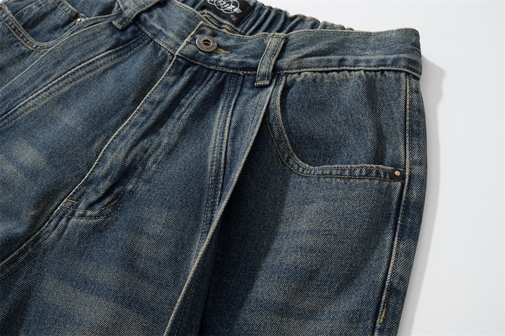 Wash White Loose Jeans Men's Street Trendy Design Split Stitching Line Casual Straight Wide Leg Pants