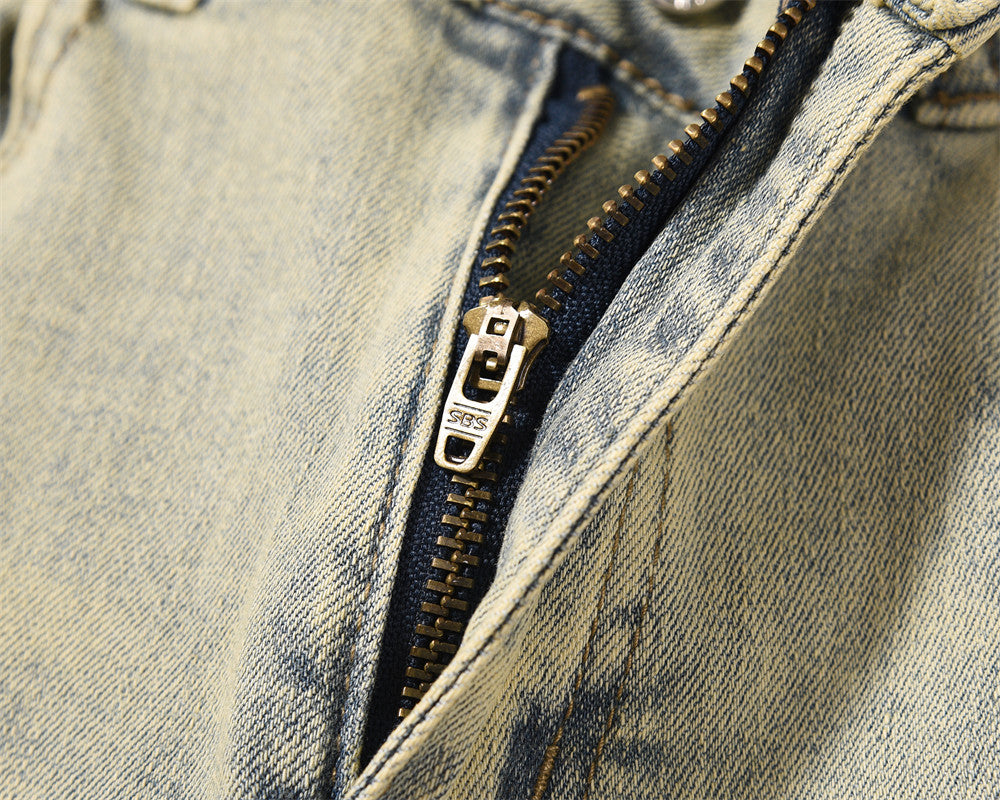 American Style Street Washed Mud Yellow Straight Pants Men's Trendy Brand Niche Design Sense Stitching Deconstructed Denim Pants