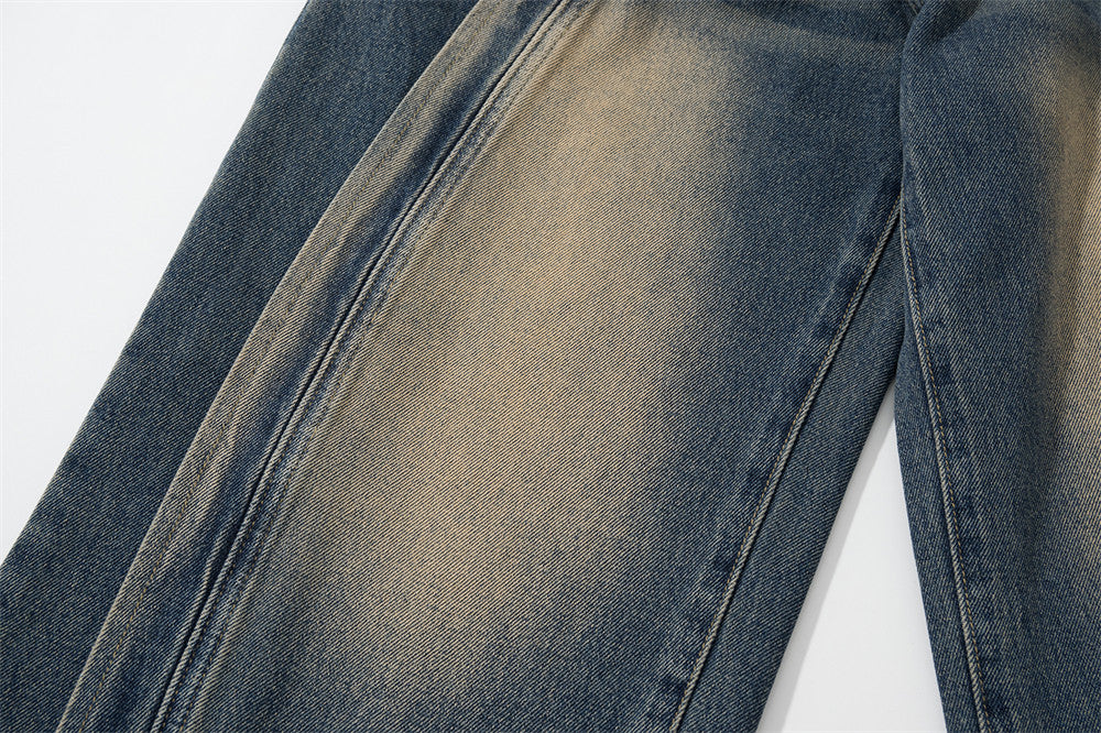 Wash White Loose Jeans Men's Street Trendy Design Split Stitching Line Casual Straight Wide Leg Pants