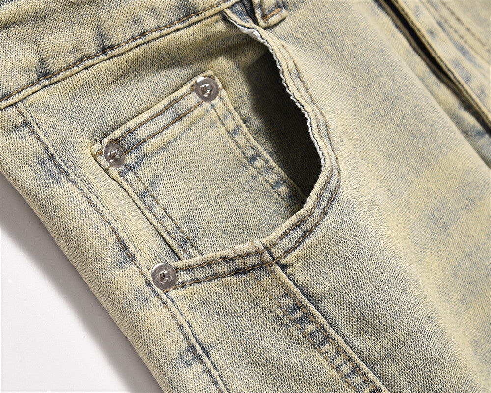 American Style Street Washed Mud Yellow Straight Pants Men's Trendy Brand Niche Design Sense Stitching Deconstructed Denim Pants