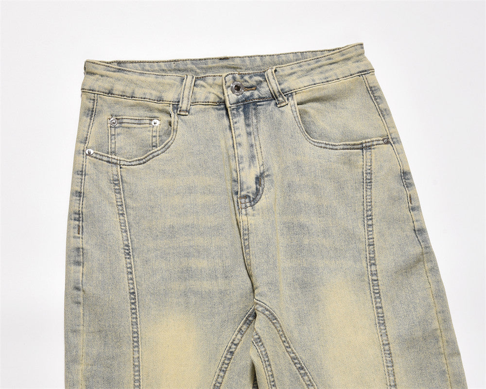 American Style Street Washed Mud Yellow Straight Pants Men's Trendy Brand Niche Design Sense Stitching Deconstructed Denim Pants