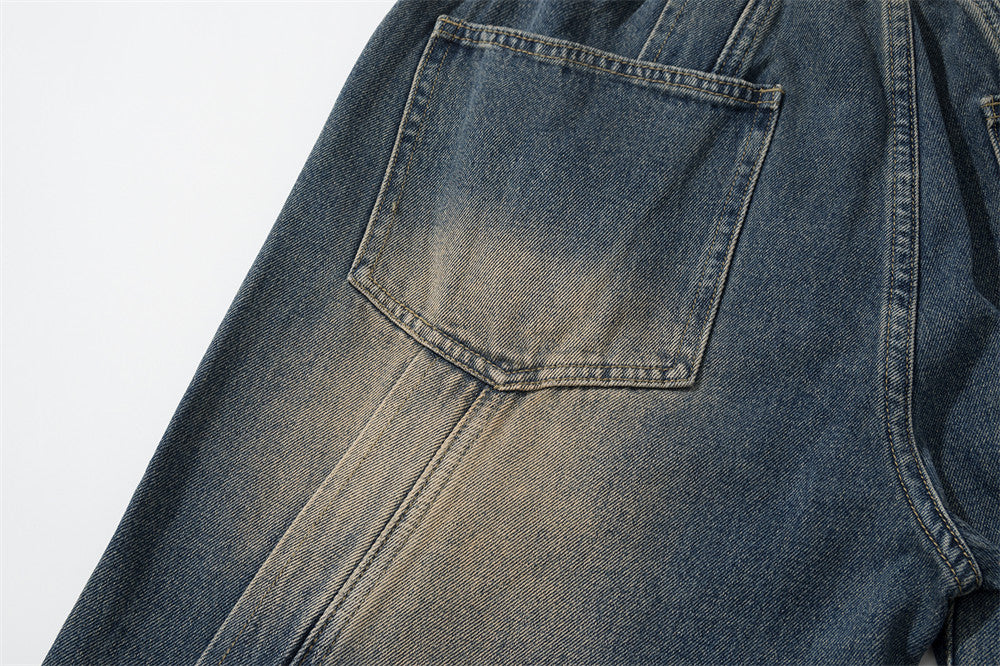Wash White Loose Jeans Men's Street Trendy Design Split Stitching Line Casual Straight Wide Leg Pants