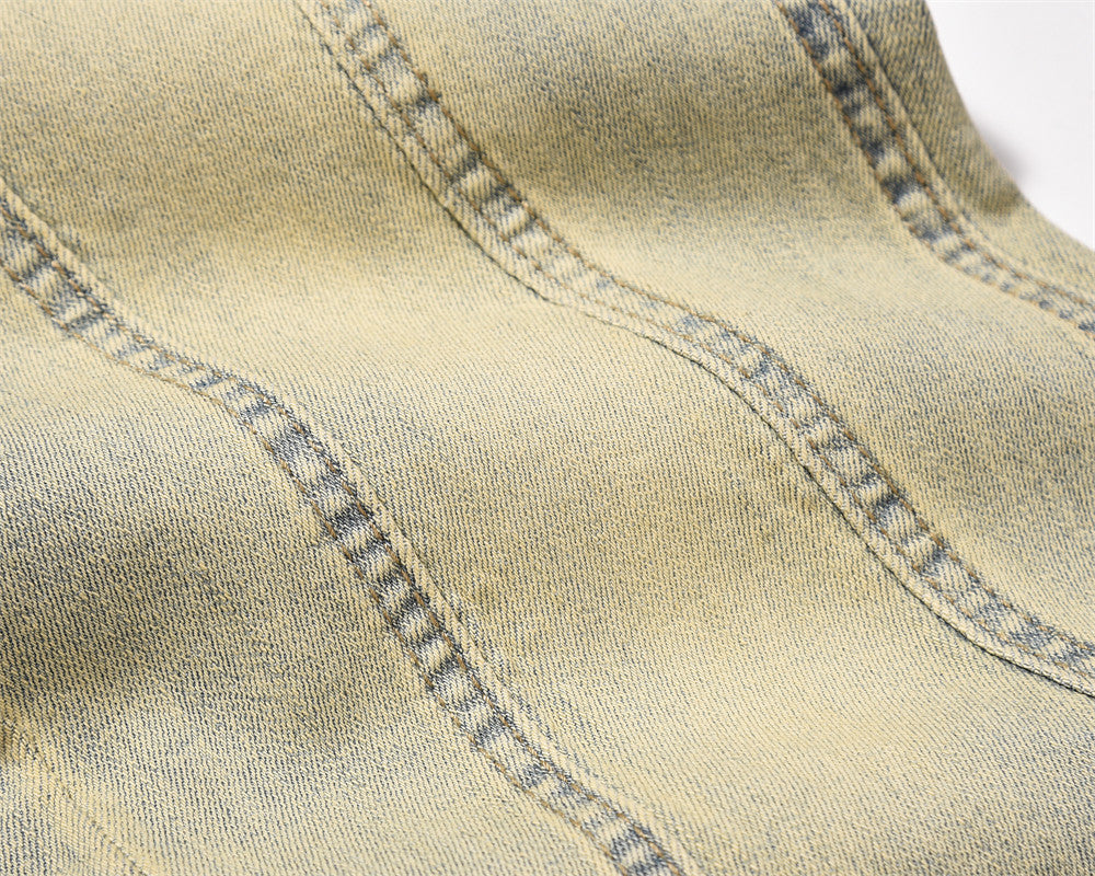 American Style Street Washed Mud Yellow Straight Pants Men's Trendy Brand Niche Design Sense Stitching Deconstructed Denim Pants
