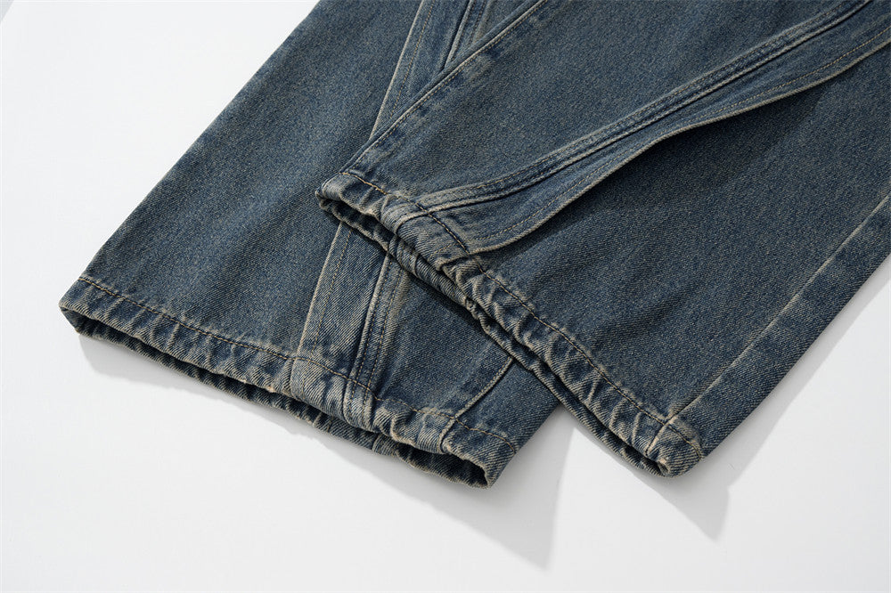 Wash White Loose Jeans Men's Street Trendy Design Split Stitching Line Casual Straight Wide Leg Pants