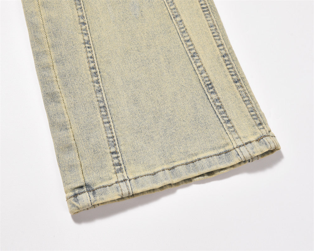 American Style Street Washed Mud Yellow Straight Pants Men's Trendy Brand Niche Design Sense Stitching Deconstructed Denim Pants