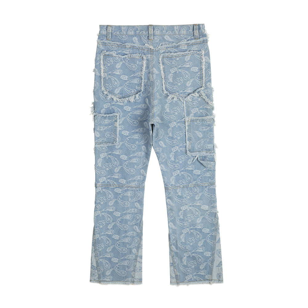 Cashew Flower Slave Jeans Men's Trendy Fashionable All-over Jacquard Cat Whiskers Burr Edge Loose Casual Horn Trousers