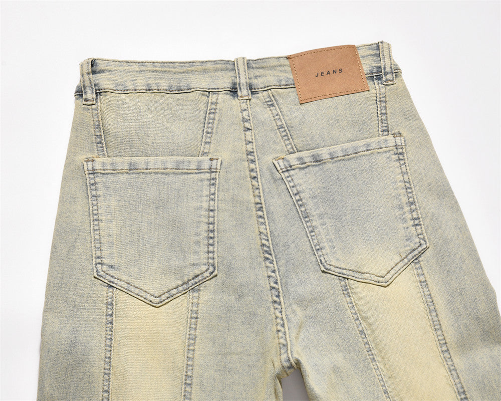 American Style Street Washed Mud Yellow Straight Pants Men's Trendy Brand Niche Design Sense Stitching Deconstructed Denim Pants