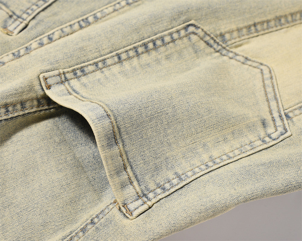 American Style Street Washed Mud Yellow Straight Pants Men's Trendy Brand Niche Design Sense Stitching Deconstructed Denim Pants